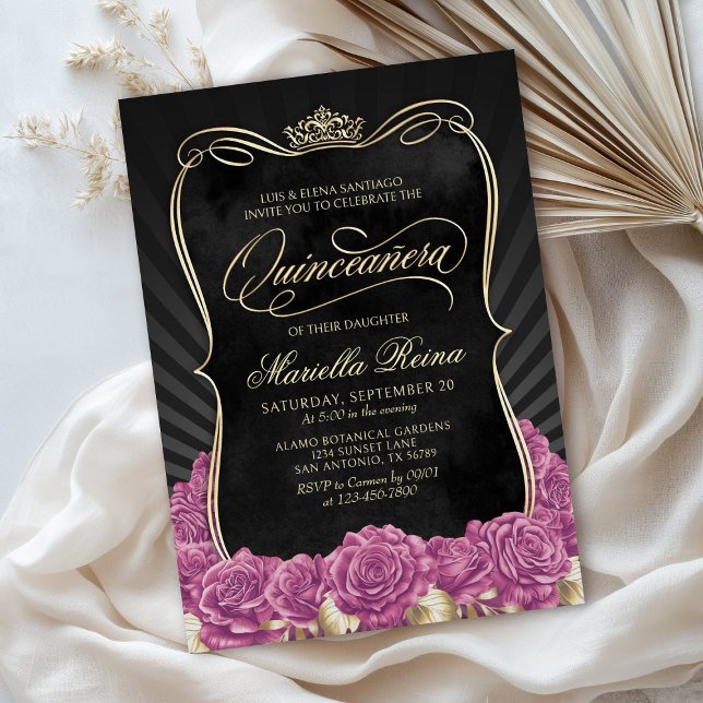 Shock rosa Guld Black Quinceañera Inbjudningar (Skapare uppladdad)