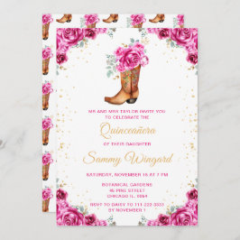 Shock rosa Guld Blommigt Cowboy Boot Quinceañera Inbjudningar