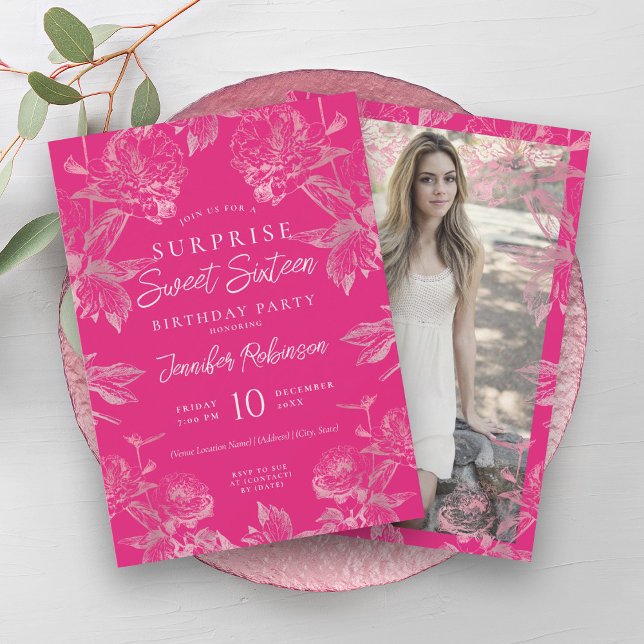 Shock rosa Guld Blommigt KURPRISE Sweet 16 Inbjudningar (Hot Pink Rose Gold Floral SURPRISE Sweet 16 Invitation)
