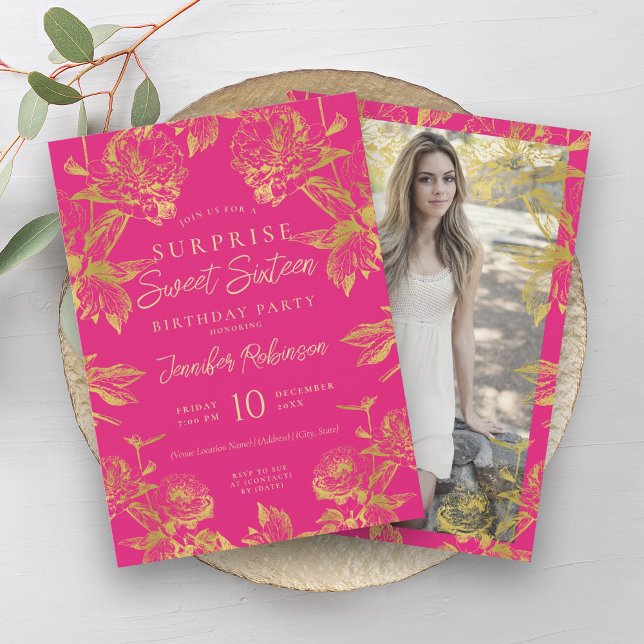 Shock rosa & Guld Blommigt Photo SURPRISE Sweet 16 Inbjudningar (Hot Pink & Gold Floral Photo SURPRISE Sweet 16 Invitation)