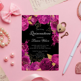 Shock rosa Guld Exklusiv Blommigt Quinceanera Inbjudningar