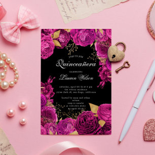 Shock rosa Guld Exklusiv Blommigt Quinceanera Inbjudningar