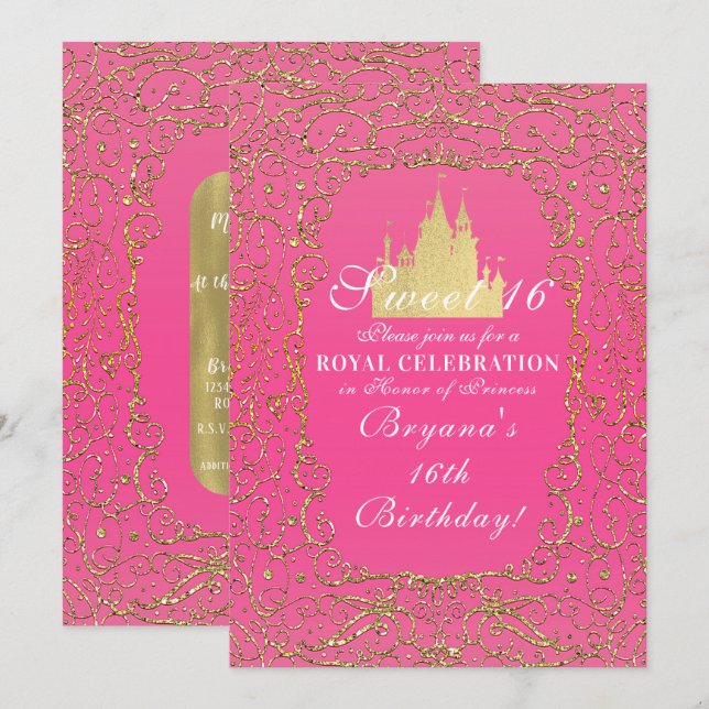 Shock rosa & Guld Royal Castle Princess Sweet 16 Inbjudningar (Fram/baksida)