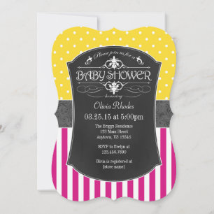 Shock rosa Gult Grått Chalkboard Rand Baby Shower Inbjudningar