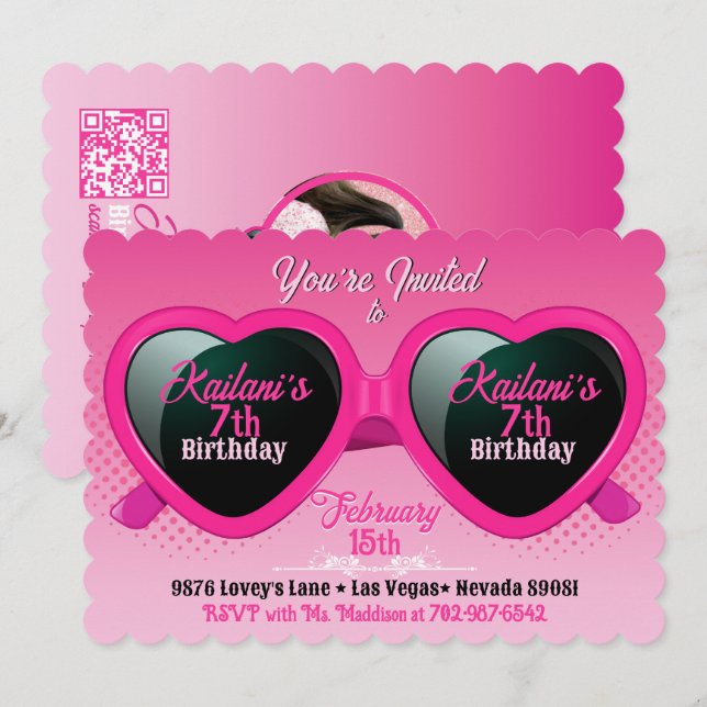 Shock rosa Heart Sunglass Birthday Photo Inbjudningar (Fram/baksida)