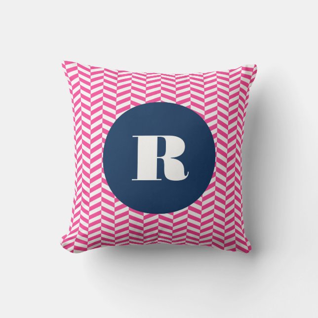 Shock rosa Herringbone Mönster Monogram Pillow Kudde (Framsida)