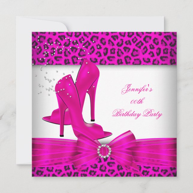 Shock rosa High Heel Shoe Leopard Födelsedagsfest Inbjudningar (Framsida)