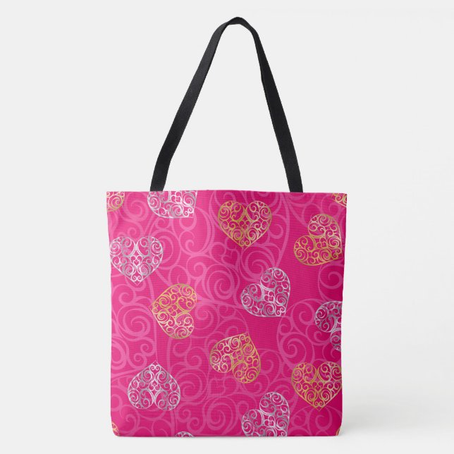 Shock rosa Hjärt/Ljust rosa Mode Tote Tygkasse (Framsida)