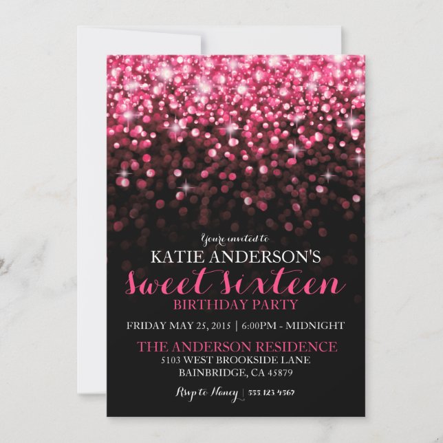 Shock rosa Hollywood Glitter Sweet sixteen Party Inbjudningar (Framsida)