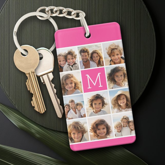 Shock rosa Instagram Photo Collage Anpassningsbar  (Personalized Keychain with a photo collage)