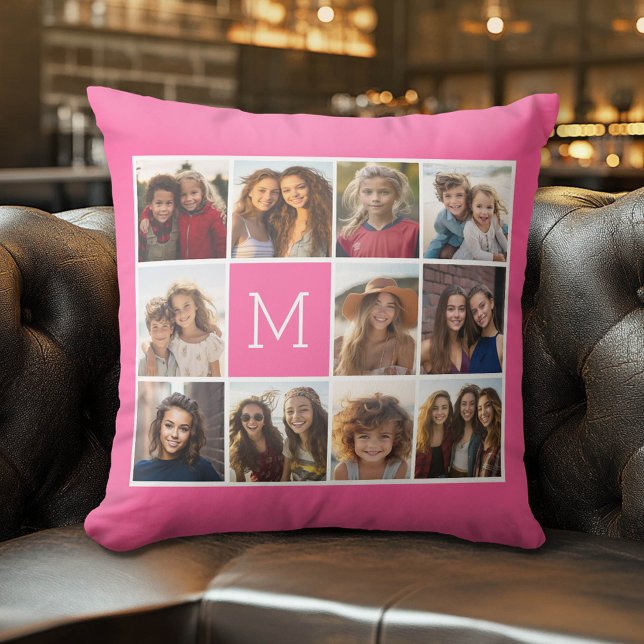 Shock rosa Instagram Photo Collage Anpassningsbar  Kudde (Custom Photo Pillow)