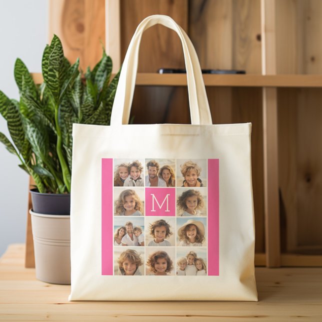 Shock rosa Instagram Photo Collage Anpassningsbar  Tygkasse (Personalized tote bag with photos and custom text)