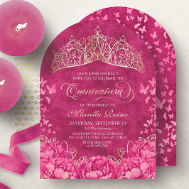 Shock rosa Krona Butterflies Elegant Quinceanera Inbjudningar