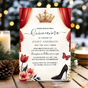 Shock rosa Krona Tiara Black Snöre Red Quinceanera Inbjudningar