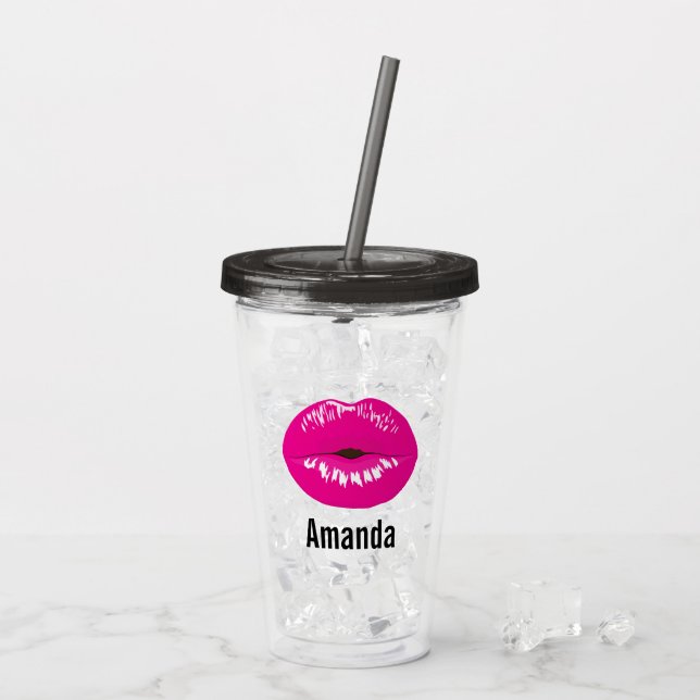 Shock rosa Läppar Glamous Illustration Take Away Mugg (Baksida Ice)