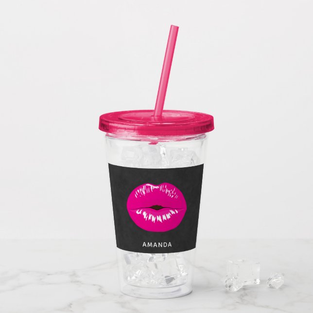 Shock rosa Läppar Glamous Illustration Take Away Mugg (Baksida Ice)