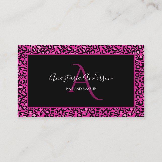 Shock rosa Leopard Chic Black Monogram Visitkort (Framsida)