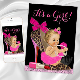 Shock rosa Leopard High Heel Shoe Baby Shower Inbjudningar