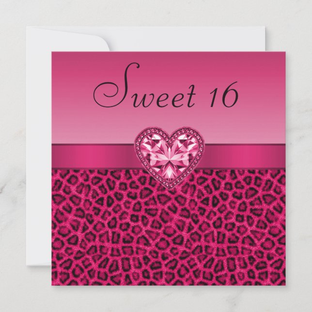 Shock rosa Leopard Print & Bling Heart Sweet 16 Inbjudningar (Framsida)