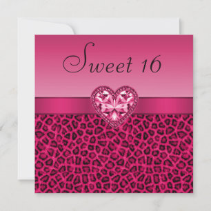 Shock rosa Leopard Print & Bling Heart Sweet 16 Inbjudningar