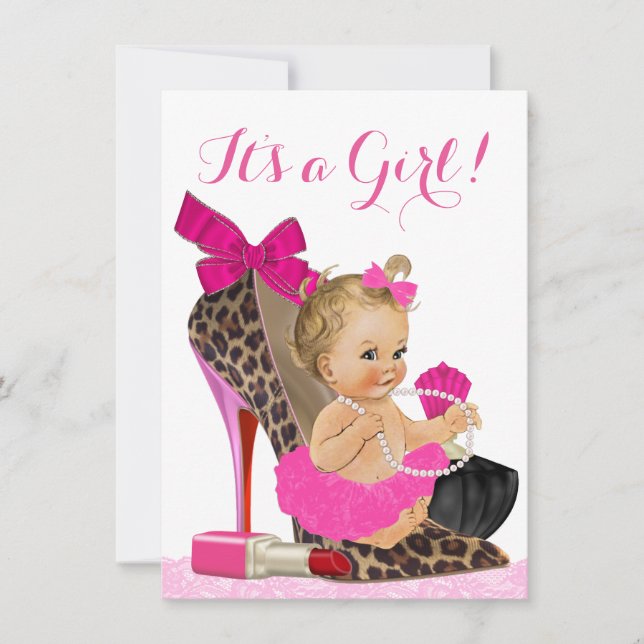 Shock rosa Leopard Shoe Baby Shower Inbjudningar (Framsida)