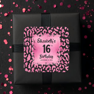 Shock rosa Leopard Sweet 16 Birthday Fyrkantigt Klistermärke