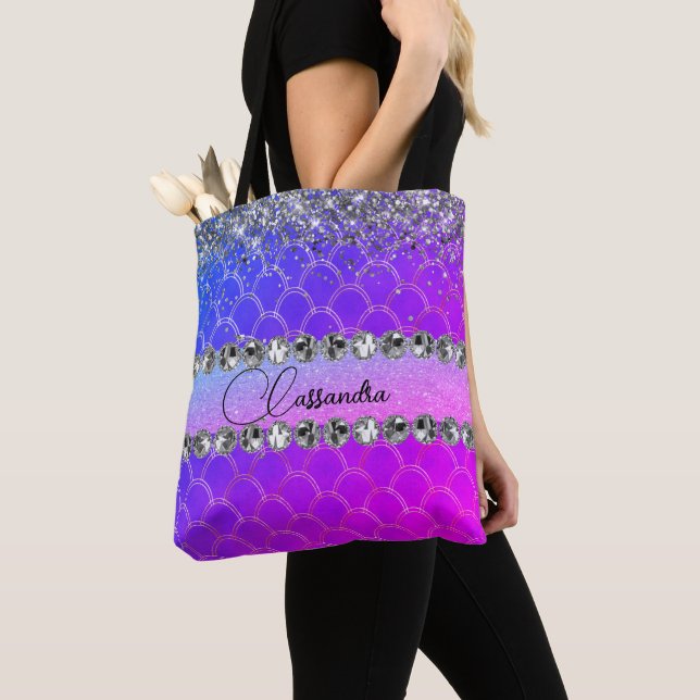 Shock rosa Lila Glittery Diamond Bling Tote Bag Tygkasse (Närbild)