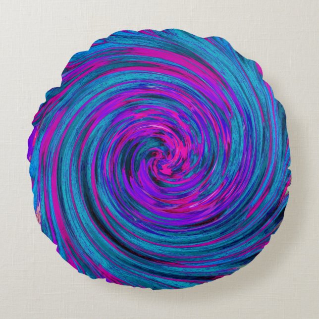 Shock rosa, Lila och blå Abstrakt Retro Twirl Rund Kudde (Framsidan)