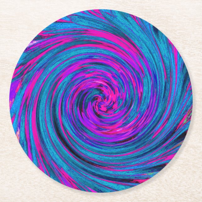 Shock rosa, Lila och blå Abstrakt Retro Twirl Underlägg Papper Rund (Framsidan)