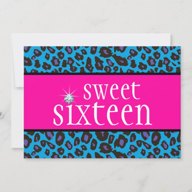 Shock rosa Lila Teal Blue Leopard Sweet sixteen Inbjudningar (Framsida)