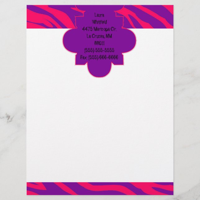 Shock rosa Lila Zebra tryck Letterhead Stationery Brevhuvud (Framsida)