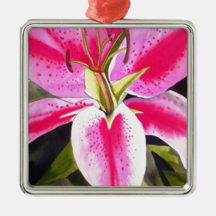 Shock rosa lily Tenerife popart vattenfärgblomma Julgransprydnad Metall