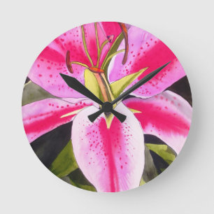 Shock rosa lily Tenerife popart vattenfärgblomma Rund Klocka