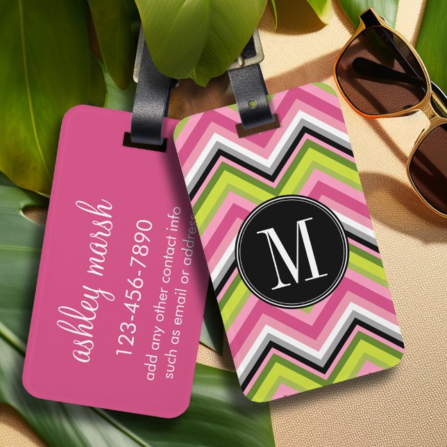 Shock rosa, Lime och Black Chevron Mönster Monogra Bagagebricka (Personalized Luggage Tag)