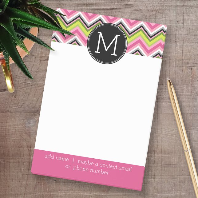 Shock rosa, Lime och Black Chevron Mönster Monogra Post-it Block (Custom Post-it Note Pads - Add your name and other text)