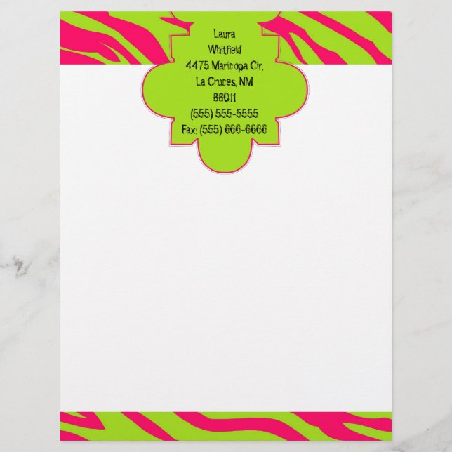 Shock rosa Lime Zebra tryck Letterhead Stationery Brevhuvud (Framsida)