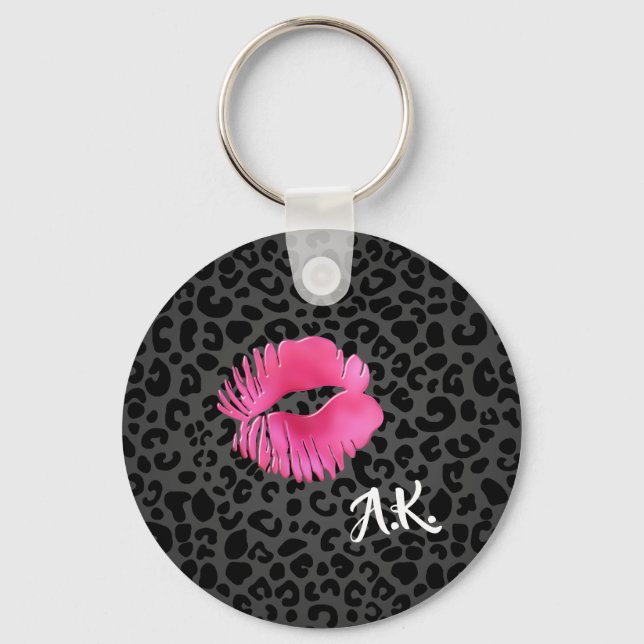 Shock rosa Lipgloss kiss Black Leopard med monogra Nyckelring (Framsida)