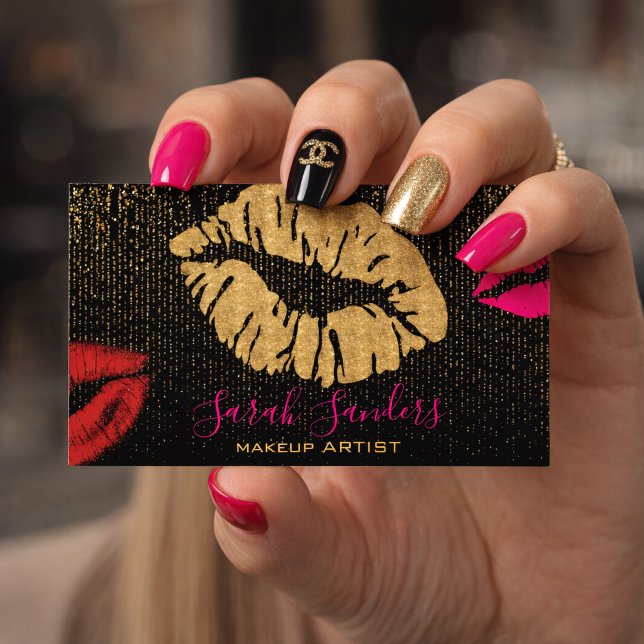 Shock rosa Lipstick Makeup Artist Guld Black Visitkort (Skapare uppladdad)