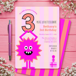 Shock rosa Little Monster 3rd Girl Birthday Rand Inbjudningar