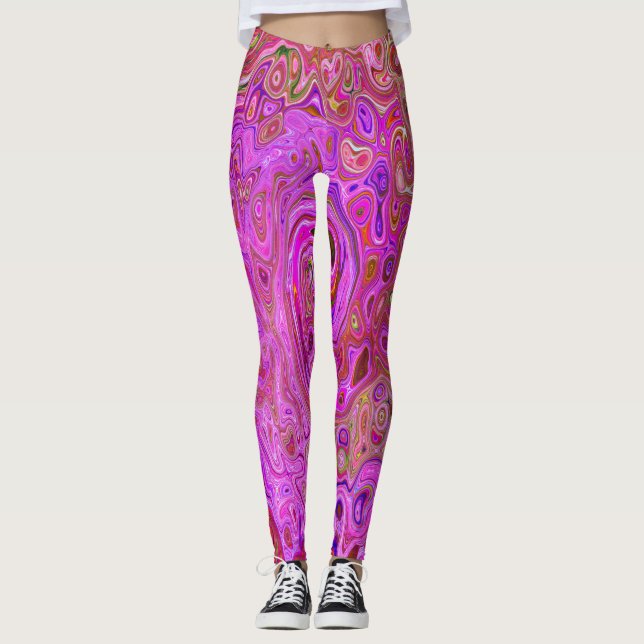 Shock rosa Mar Färg Abstrakt Retro Swirl Leggings (Framsida)