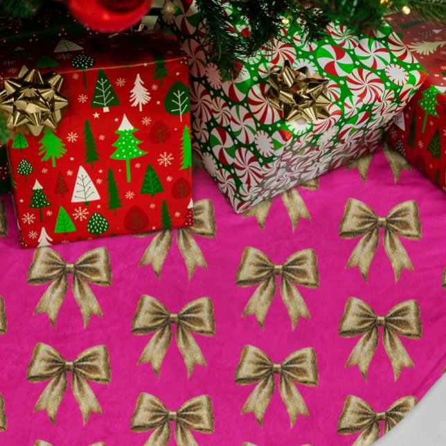 Shock rosa med Guld Glitter Bows Julgransmatta Borstad Polyester (Hot pink with gold coquette bows Christmas Tree Skirt)