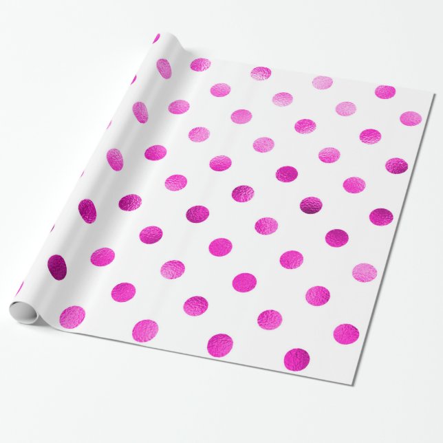 Shock rosa Metallisk faux Foil Polka Dot White Presentpapper (Utrullad)