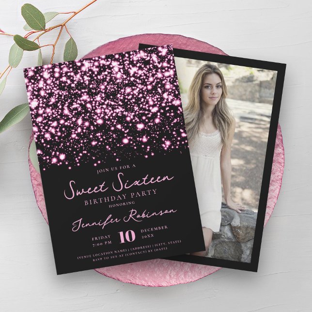 Shock rosa Midnight Glam Photo Sweet 16 Inbjudningar (Hot Pink Midnight Glam Photo Sweet 16 Invitation)