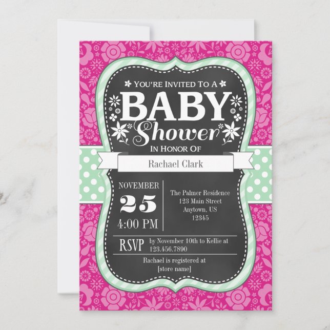 Shock rosa Mint Chalkboard Blommigt Baby Shower In Inbjudningar (Framsida)