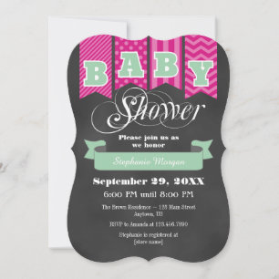 Shock rosa Mint Chalkboard Flagga Baby Shower Inbj Inbjudningar
