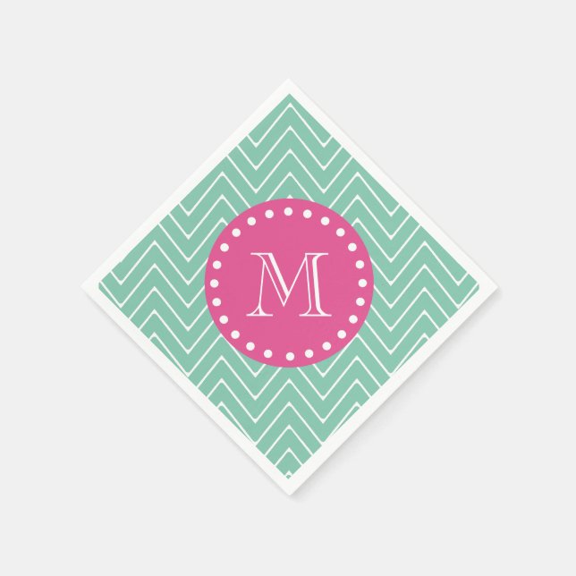 Shock rosa, Mint Grönt Chevron | Ditt monogram Pappersservett (Hörn)