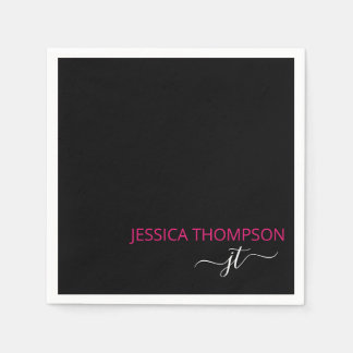 Shock rosa Modern Black Simple Script Monogram Nam Pappersservett