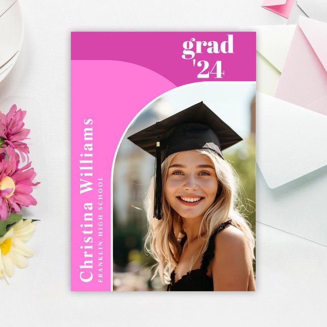 Shock rosa Modern Elegant Arch Photo Studenten Meddelande (Hot Pink Modern Elegant Arch Photo Graduation Announcement)