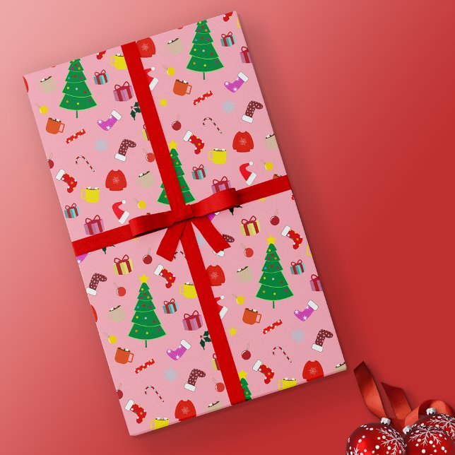 Shock rosa Modern Julgran och Saker Presentpapper (Pink Christmas Wrapping Paper)