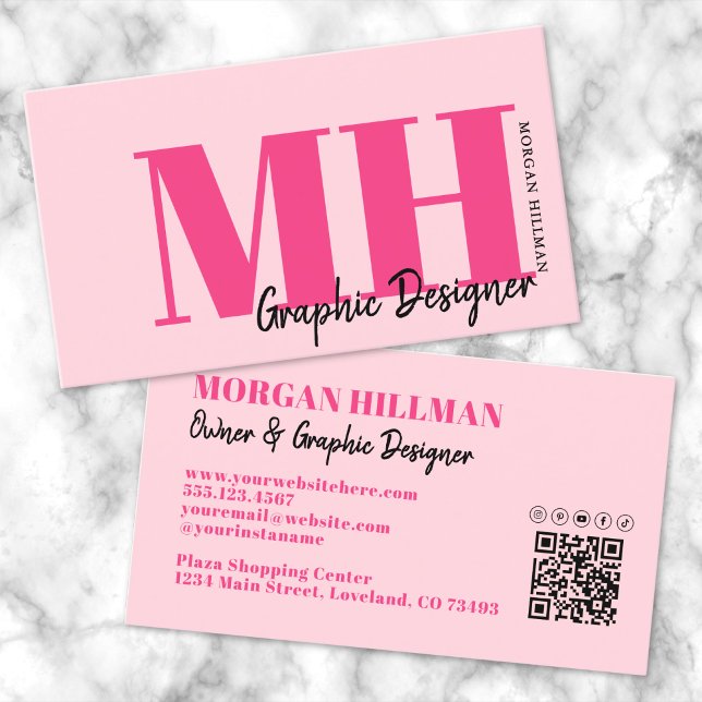 Shock rosa Modern QR-kodmonogram Visitkort (Hot Pink Modern QR Code Monogram Business Card)